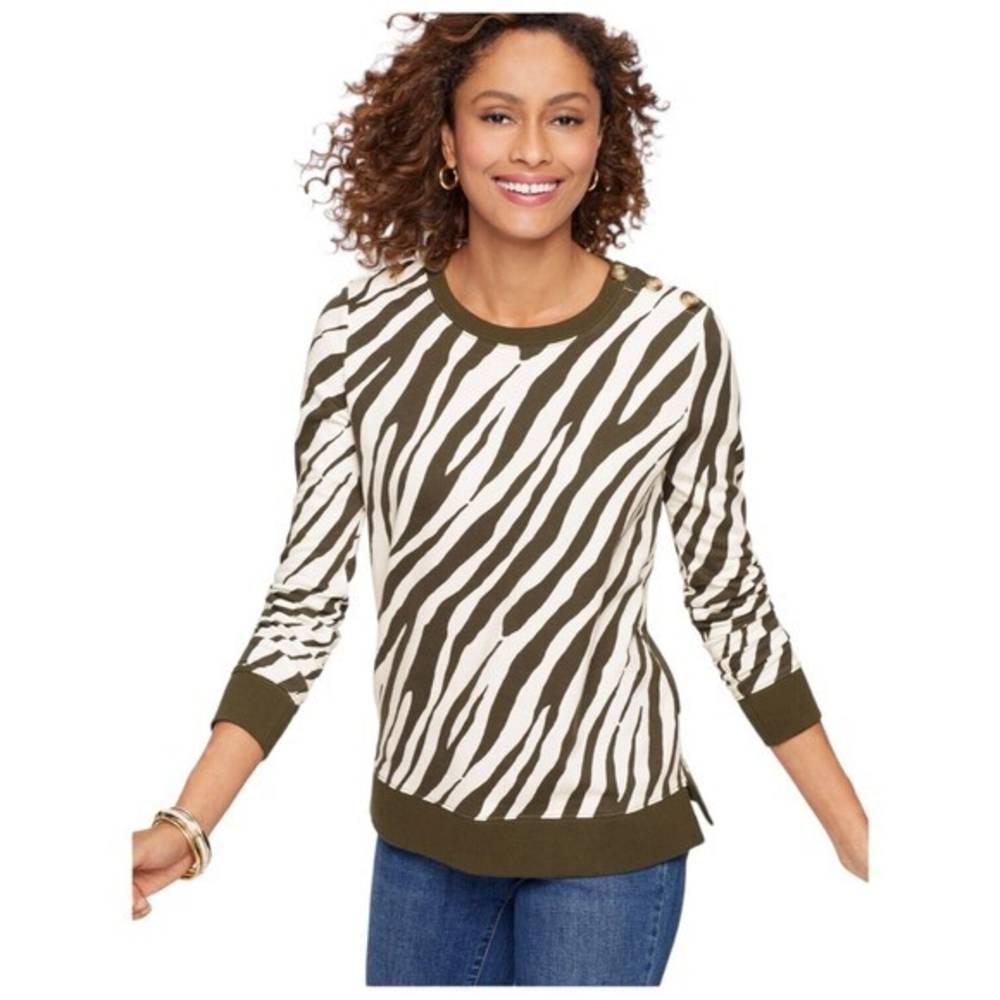 Talbots Womens Green White Zebra Print Crew Neck Button Detail Sweatshirt Medium